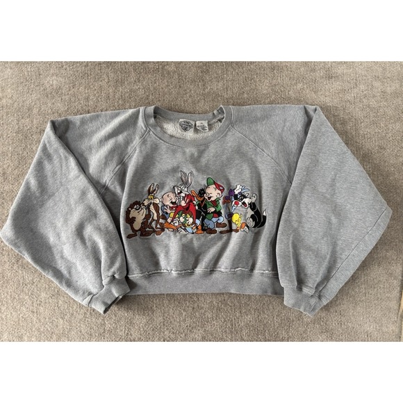 Warner Bros. Tops - Vintage Looney Tunes Crewneck Sweatshirt XL‎ Crop Embroidered 90s Gray